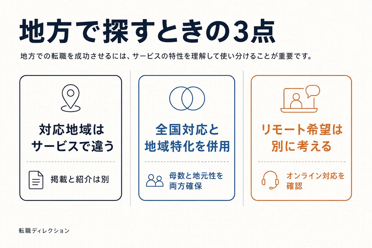 地方で転職サービスを探すときの3点をまとめた図。対応地域はサービスで違う・全国対応と地域特化を併用・リモートは別に考える