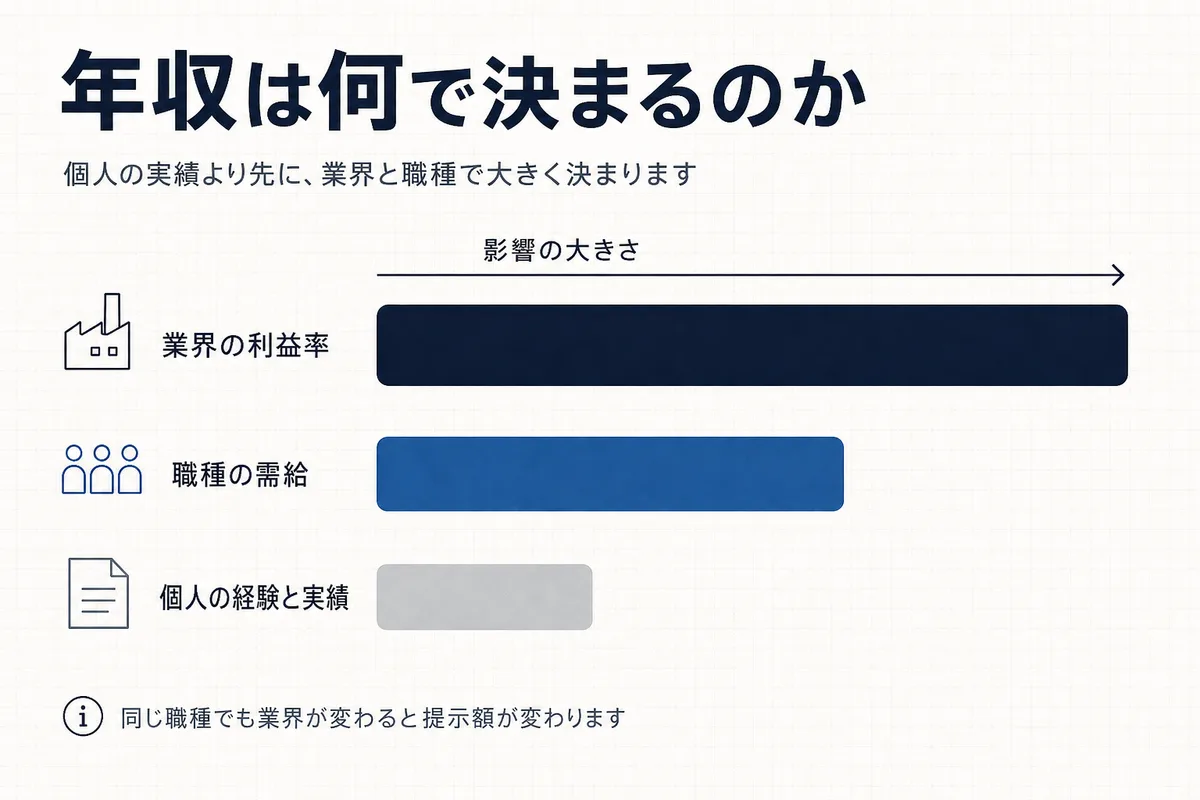 年収に効く要素を、業界の利益率・職種の需給・個人の経験の順に棒の長さで示した図