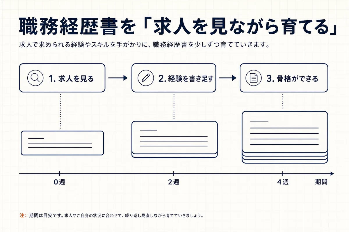 職務経歴書を「完成させてから動く」のではなく「求人を見ながら育てる」流れで作る様子を示した図
