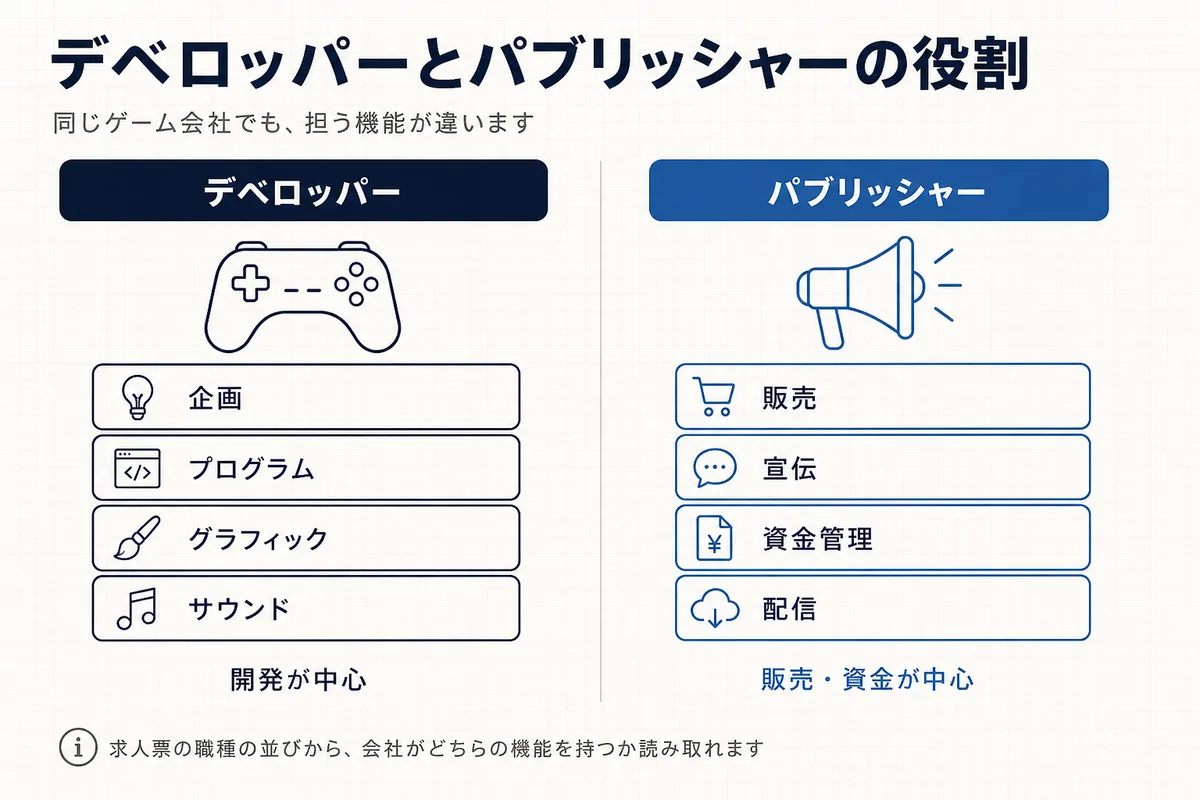 ゲーム業界のデベロッパーとパブリッシャーの役割の違いを示した図。デベロッパーは企画・プログラム・グラフィック・サウンドなど開発が中心、パブリッシャーは販売・宣伝・資金管理・配信が中心