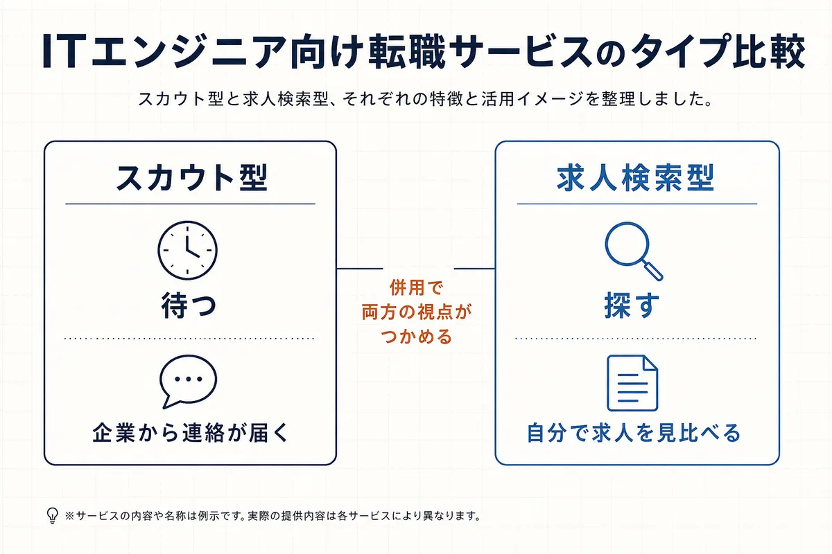スカウト型(待って評価を知る)と求人検索型(探して相場を知る)の違いを示した図