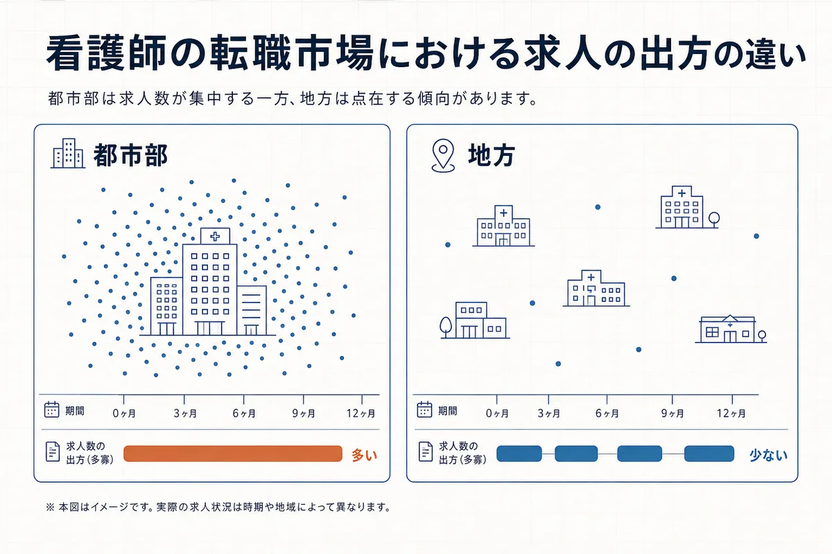 都市部は大病院に求人が集中し、地方は中小医療機関に分散するという求人の出方の違いを示した図