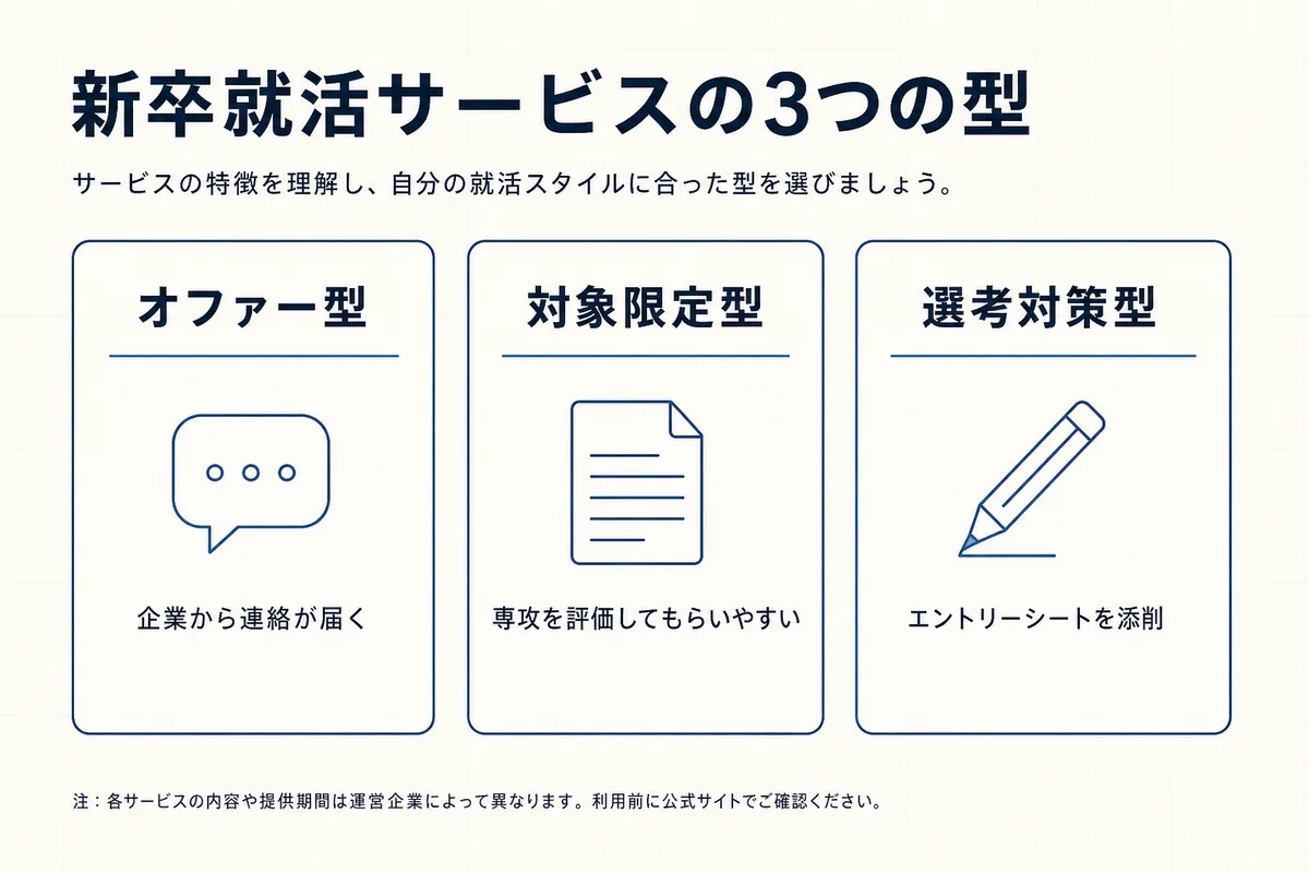 オファー型・対象限定型・選考対策型の3種類のサービスと、それぞれの役割の違いを示した図
